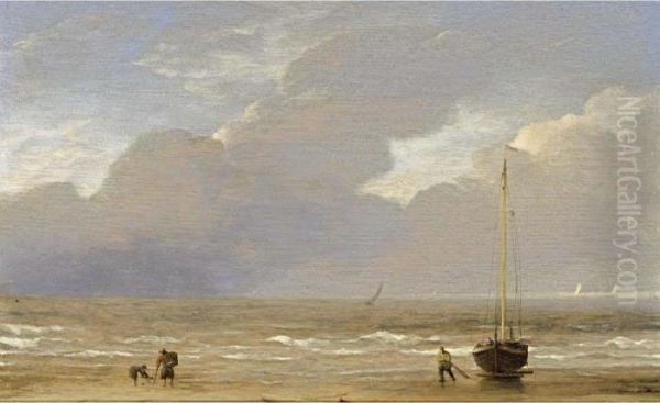 A Dutch Fishing Pink Hauled Up On The Shore On A Breezy Day Oil Painting by Adrian Van De Velde