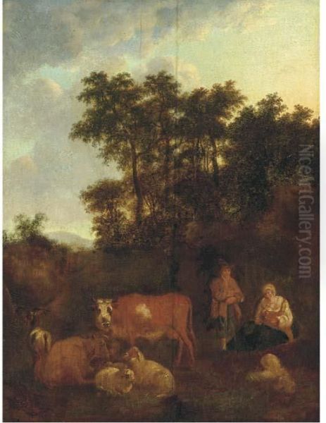 A Pastoral Landscape With A Shepherd At Rest With Cattle Andsheep Oil Painting by Adrian Van De Velde