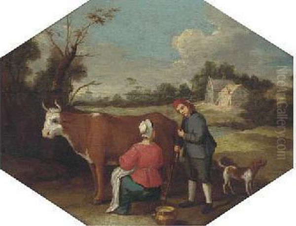 A Milkmaid Milking A Cow With A Farmhand In A Landscape Oil Painting by Adrian Van De Velde