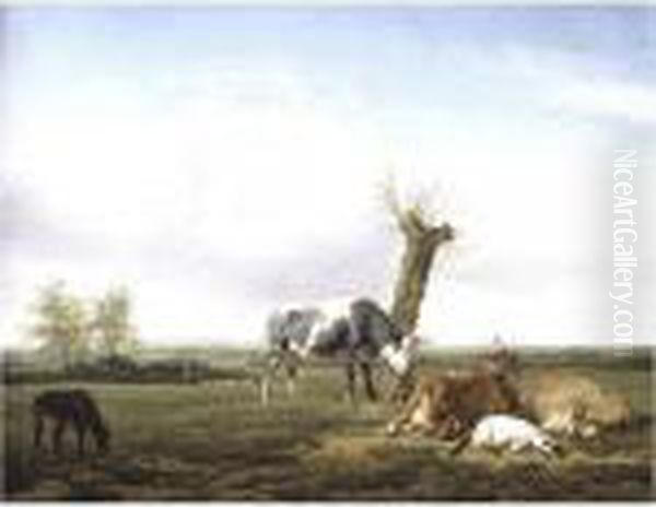 Cattle And Goats By A Pollarded Tree In A Meadow, Shepherd Boys Approaching Beyond Oil Painting by Adrian Van De Velde