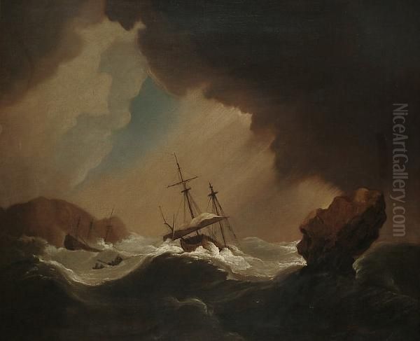 A Shipwreck And A Rowing Boat In A Squall Off A Rocky Coastline Oil Painting by Adrian Van De Velde