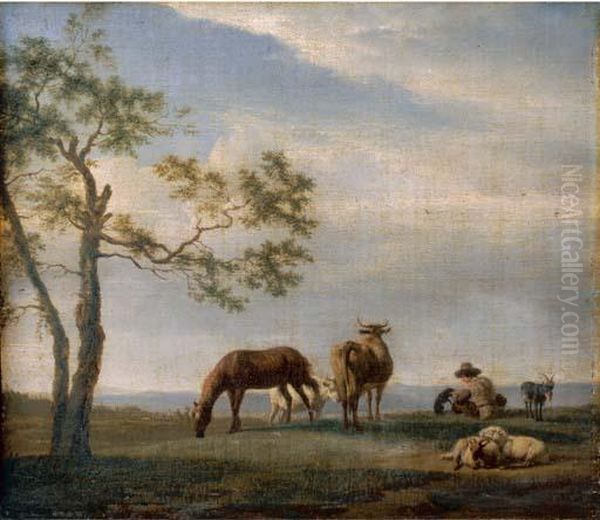 An Extensive Landscape With A Herdsman With Cattle, Goats And Ahorse Oil Painting by Adrian Van De Velde