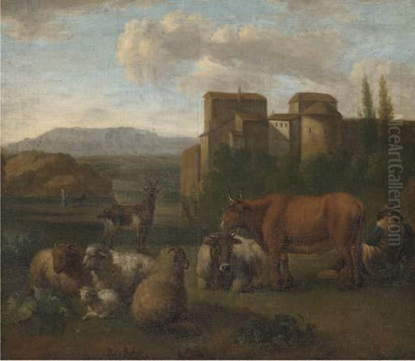 A Landscape With A Shepherd And His Flock Near A Town Oil Painting by Adrian Van De Velde