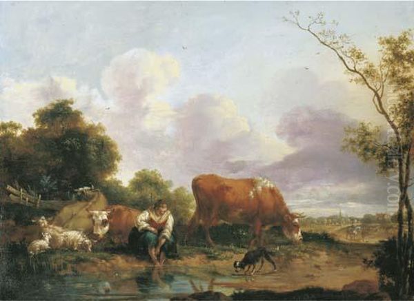 An Open Landscape With A Shepherdess Washing Her Feet By Abrook Oil Painting by Adrian Van De Velde