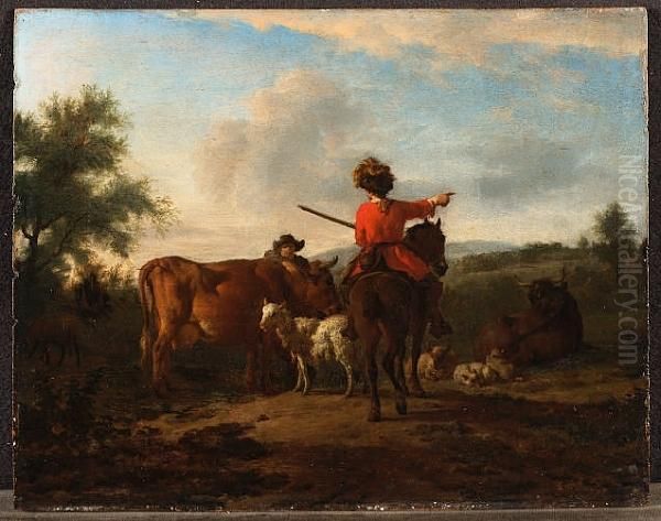 A Horseman Asking Directions Of A
 Shepherd, Leaning On A Cow And Surrounded By Cattle And Sheep Oil Painting by Adrian Van De Velde