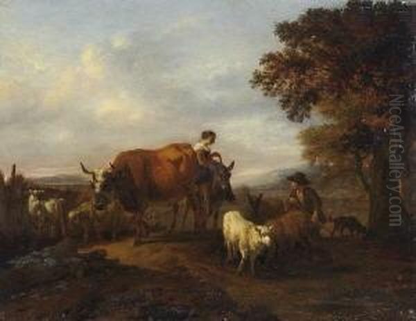 Heimkehrendes Hirtenpaar Mit
 Viehherde In Der Abenddammerung. Oil Painting by Adrian Van De Velde