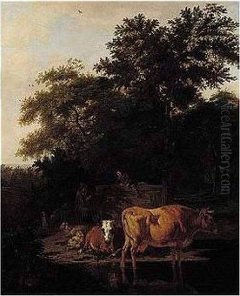 A Landscape With Two Shepherds, Cattle And Sheep Resting By A Stream Oil Painting by Adrian Van De Velde