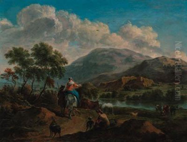 An Extensive River Landscape With Drovers On A Path Oil Painting by Adrian Van De Velde