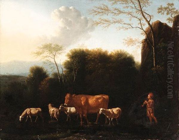 A Shepherd And Livestock Fording A Stream Oil Painting by Adrian Van De Velde