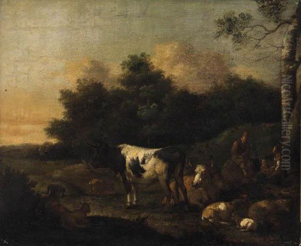 Drovers With Cattle In A Landscape Oil Painting by Adrian Van De Velde