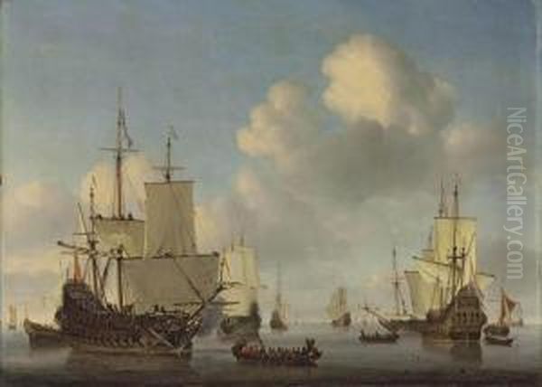 Dutch Men-o'-war And Other Shipping In A Calm Signed 'willem:van Velde F' Oil Painting by Willem van de, the Elder Velde