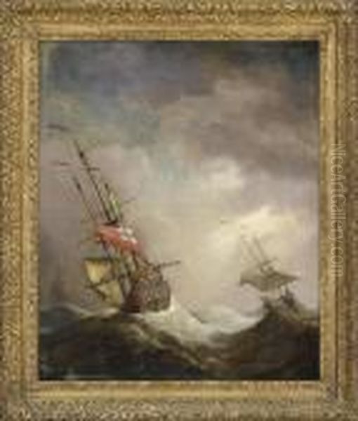 An English Ship At Sea Running In A Gale Oil Painting by Willem van de, the Elder Velde