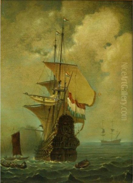 War Ship In Choppy Waters Oil Painting by Willem van de, the Elder Velde