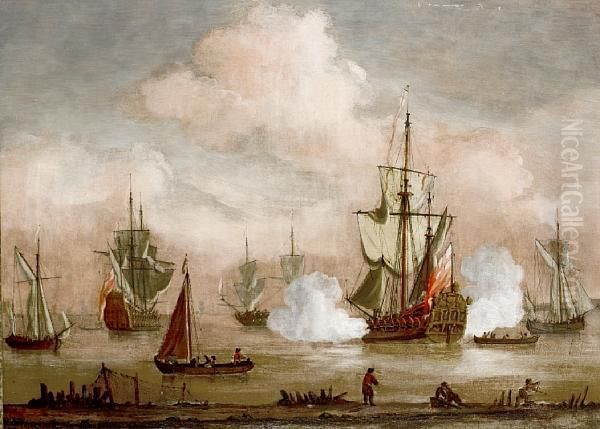 A Man O' War Firing A Salute Amongst Other Vessels In A Calm Oil Painting by Willem van de, the Elder Velde