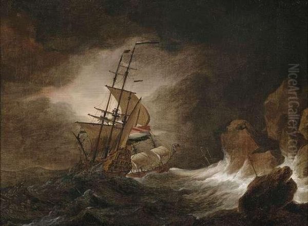 Two Three-master In Rough Sea At A Rocky Coast. Oil Painting by Willem van de, the Elder Velde