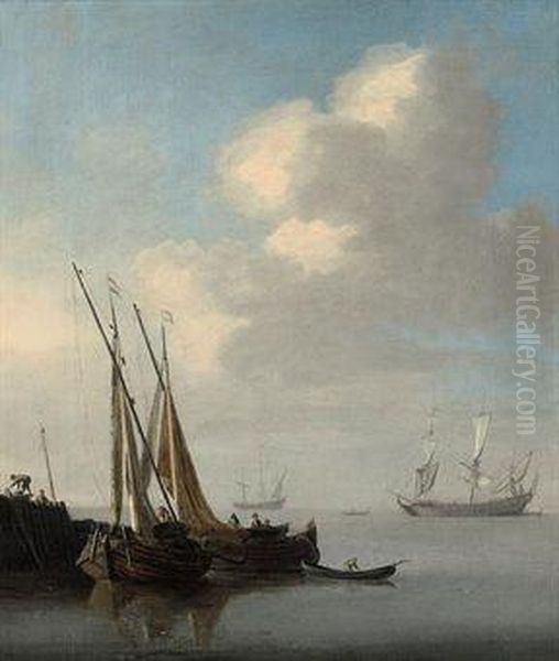 Two Men-o'war Lying Offshore With Fishermen Sorting Their Catch In The Foreground Oil Painting by Willem van de, the Elder Velde