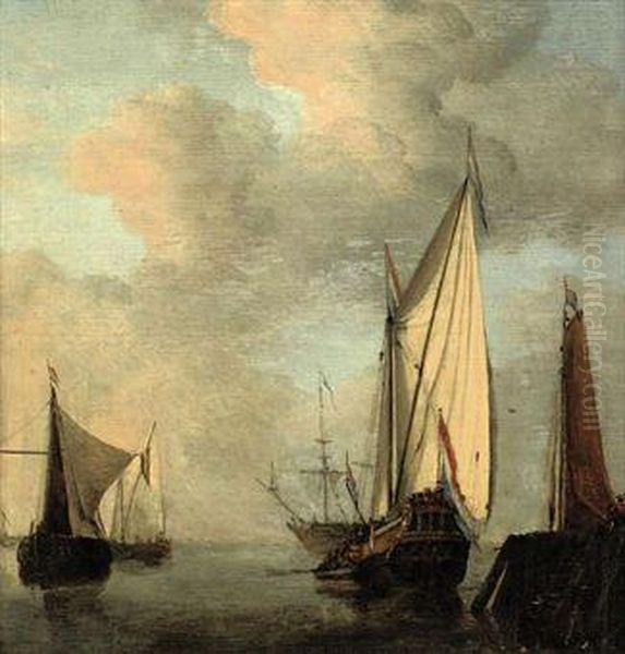 Shipping Off A Jetty In Calm Waters Oil Painting by Willem van de, the Elder Velde