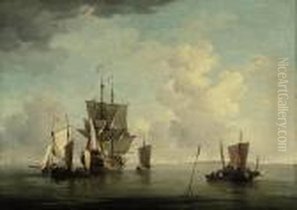 A British Man-o'-war And Other Vessels In Calm Seas Oil Painting by Willem van de, the Elder Velde