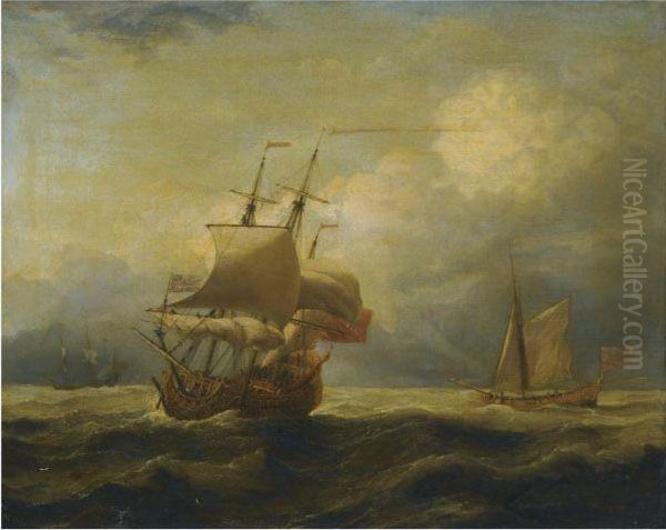 An English Ship Close-hauled In A Strong Breeze With A Royal Yachtin The Wind Oil Painting by Willem van de, the Elder Velde