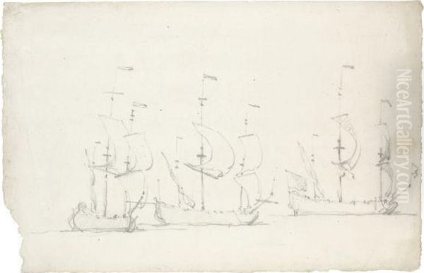 Three Ships Under Sail Oil Painting by Willem van de, the Elder Velde