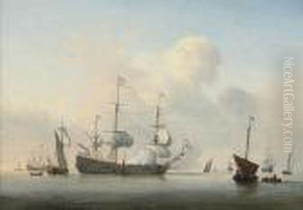 A Dutch Flagship Getting Under Way And Firing A Salute To Announce Her Departure Oil Painting by Willem van de, the Elder Velde