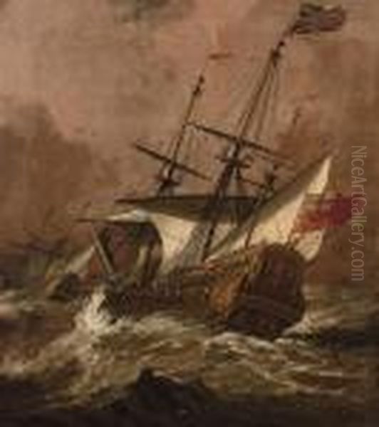 The English Man-o' War 
Resolution 
 In A Gale With Another Ship Ahead Oil Painting by Willem van de, the Elder Velde