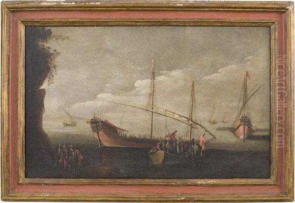 Velieri Nei Pressi Della Costa Con Ammiraglio E Marinai Oil Painting by Willem van de, the Elder Velde