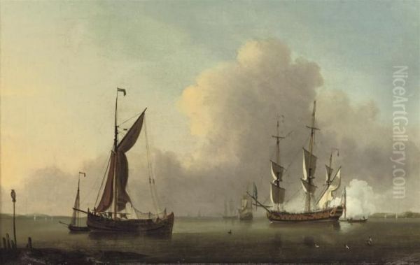 Ships In A Calm Sea Off The Coast With A Man O' War Firing The Morning Gun Oil Painting by Willem van de, the Elder Velde