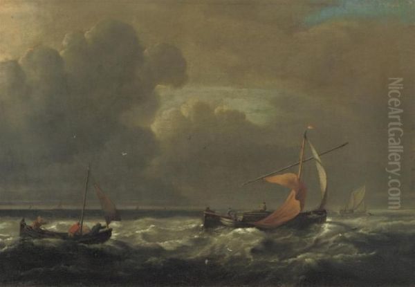 Sailing Boats In Choppy Waters Oil Painting by Willem van de, the Elder Velde