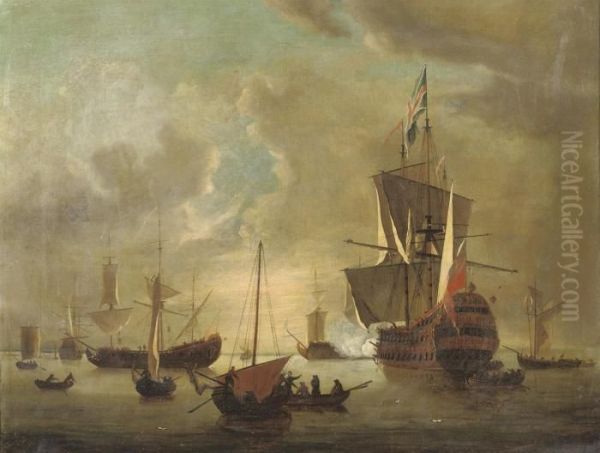 A Dutch Man O'war Firing A Salute With Other Shipping In Calm Waters Oil Painting by Willem van de, the Elder Velde