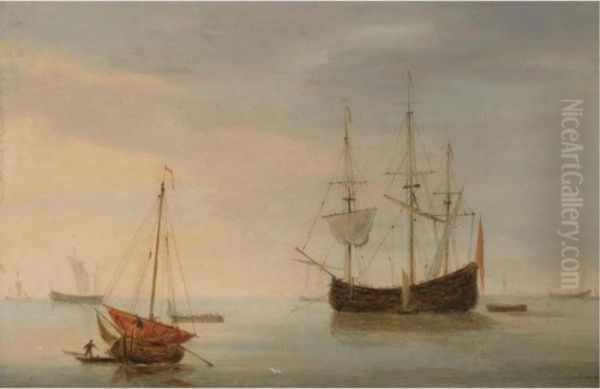 A Dutch Flute At Anchor And A 
Fishing Pink With Sail Lowered In The Foreground In A Calm Sea At Sunset Oil Painting by Willem van de, the Elder Velde