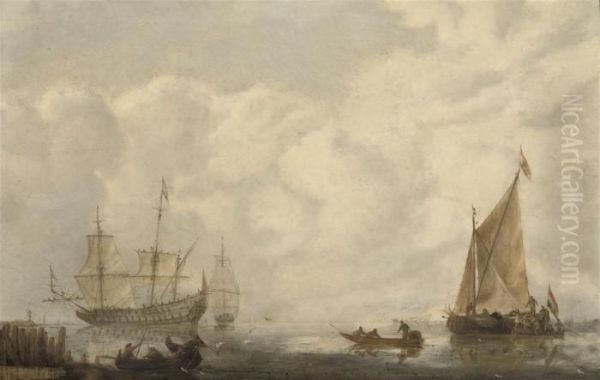 Shipping In A Calm Sea Oil Painting by Willem van de, the Elder Velde