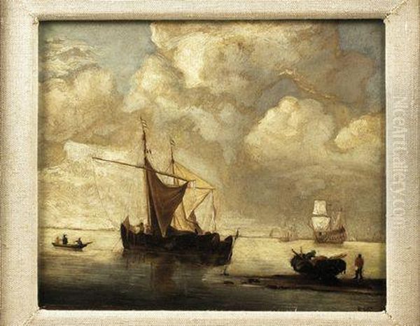 Fishing Boats Moored Offshore Oil Painting by Willem van de, the Elder Velde