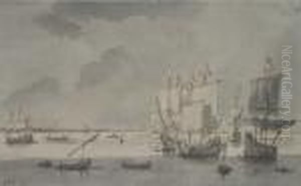 Marine Avec Canaux Et Grands Voiliers Surmer Calme Oil Painting by Willem van de, the Elder Velde