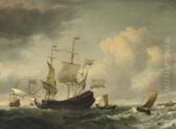 A Dutch Flagship Coming To An Anchor With Other Ships In Calm Waters Oil Painting by Willem van de, the Elder Velde