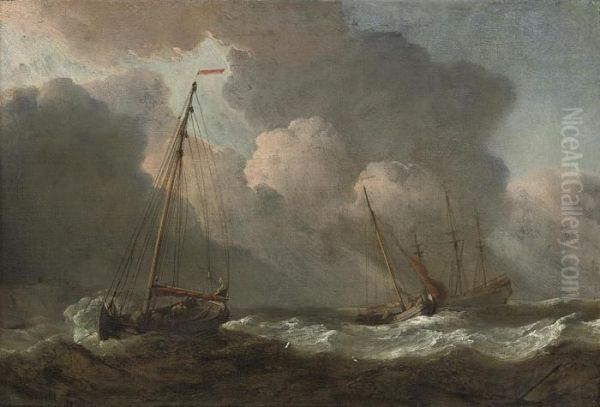 English Fishing Smacks At Sea In A Gale Oil Painting by Willem van de, the Elder Velde