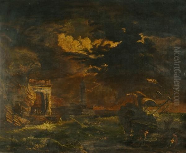 Shipwreck In Astorm Oil Painting by Willem van de, the Elder Velde