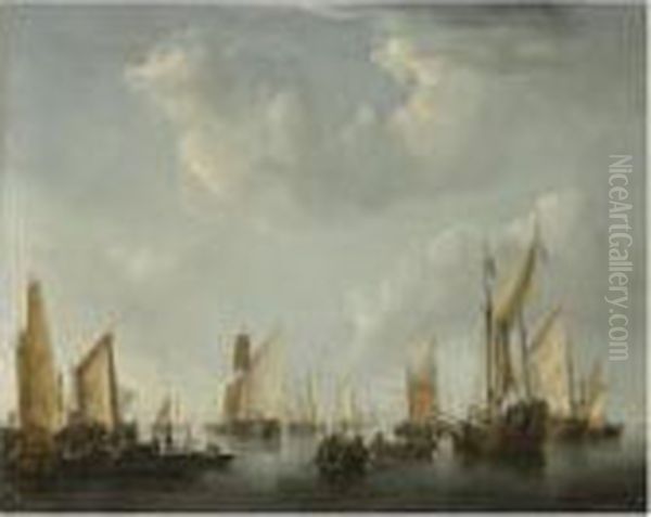 A Calm, With A States Yacht And Other Vessels In A Crowdedharbour Scene Oil Painting by Willem van de, the Elder Velde