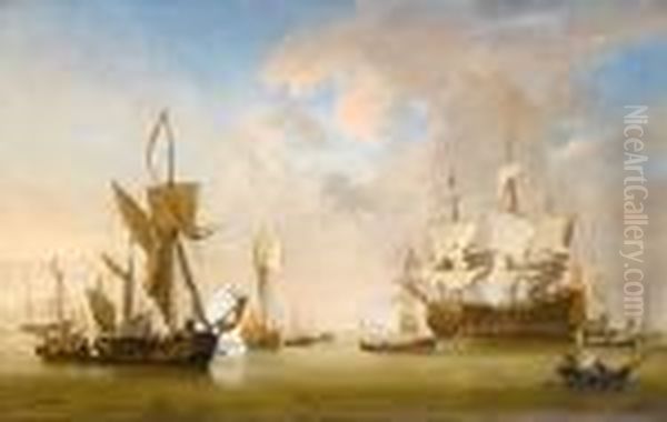 The Evening Gun: An English 
Three-decker Withsails Loosed And A Galliot In The Foreground Oil Painting by Willem van de, the Elder Velde