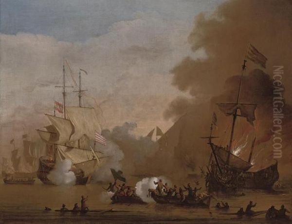 An Action Between An English Ship And Vessels Of The Barbarycorsairs Oil Painting by Willem van de, the Elder Velde