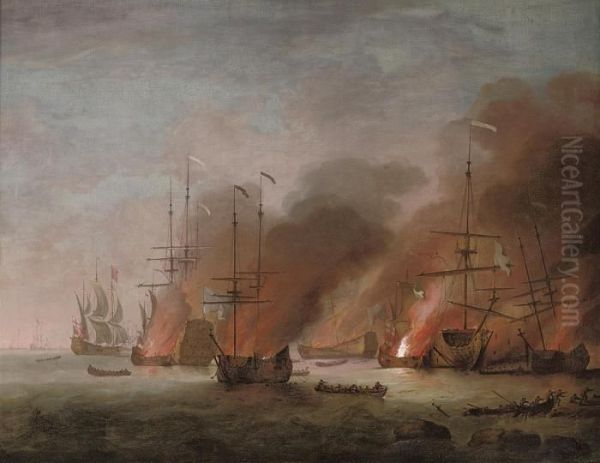 The Burning Of The French Flagship Oil Painting by Willem van de, the Elder Velde