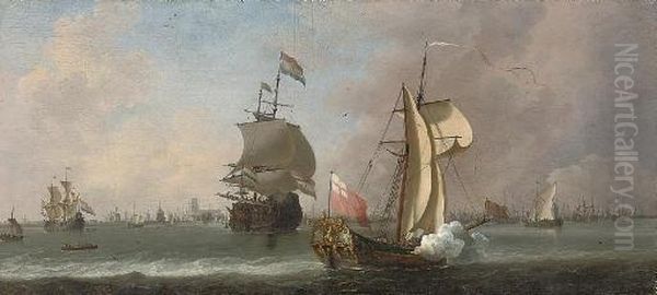 A Dutch Man-o'war And Other Shipping Off The Coast Of Flushing Oil Painting by Willem van de, the Elder Velde