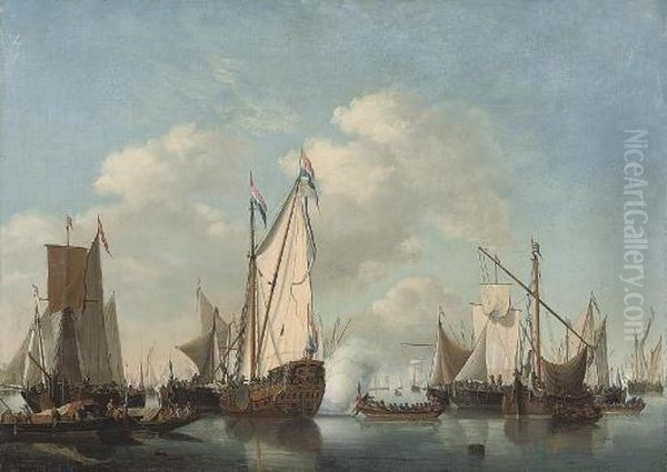 A Dutch Man-o'war, A Rowing Boat And Other Shipping In Calm Waters Oil Painting by Willem van de, the Elder Velde