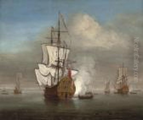 An English Naval Squadron Announcing Its Departure From Its Anchorage by Willem van de, the Elder Velde