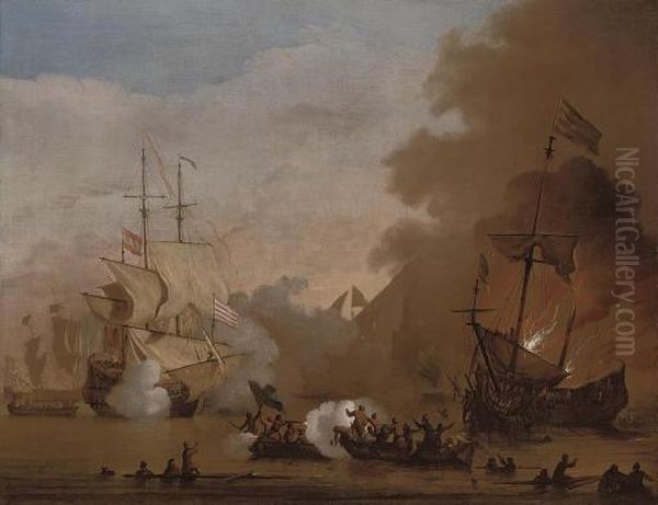 An Action Between An English Ship And Vessels Of The Barbary Corsairs Oil Painting by Willem van de, the Elder Velde