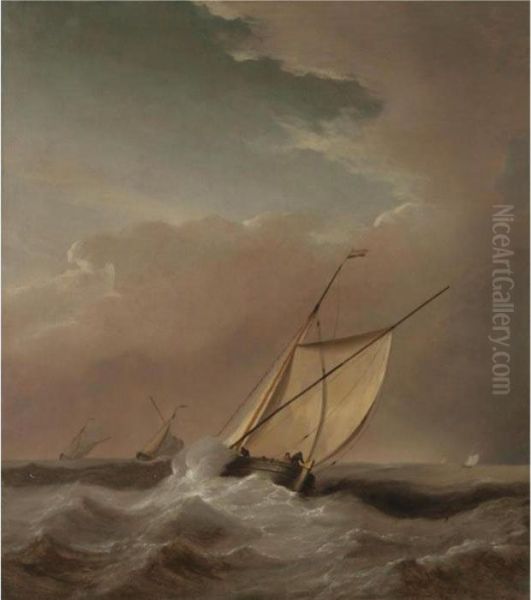 A Seascape With Ships In A Rough Sea Oil Painting by Willem van de, the Elder Velde