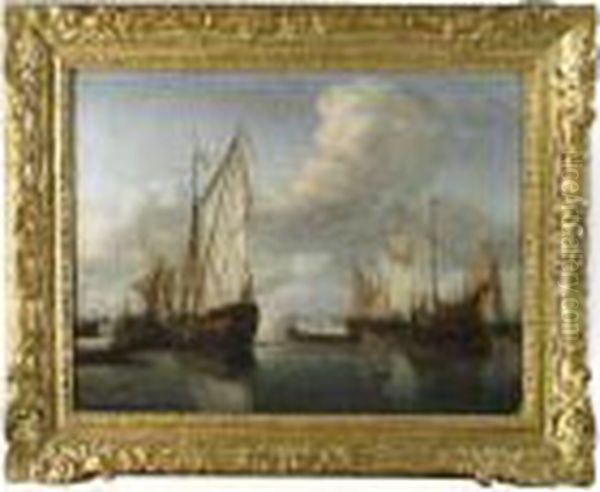 Dutch Ships At Anchor In A Harbour Oil Painting by Willem van de, the Elder Velde