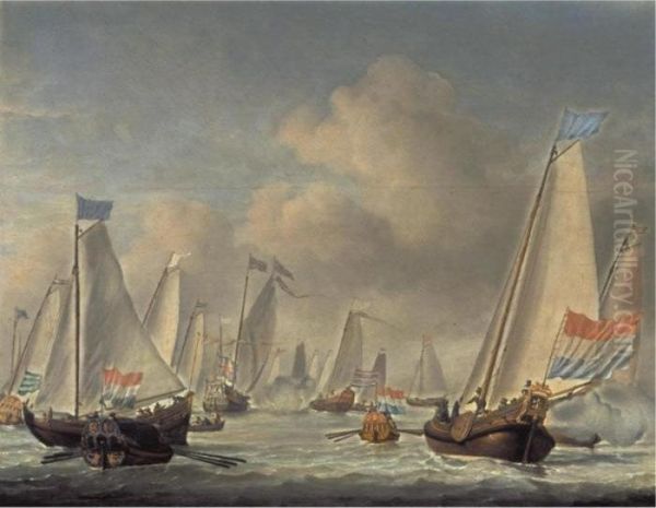 Dutch Bezan Yachts Sailing Around The Mary Yacht In A Moderate Breeze Oil Painting by Willem van de, the Elder Velde