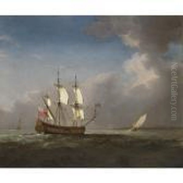 An English Man-of-war In Three Positions Oil Painting by Willem van de, the Elder Velde