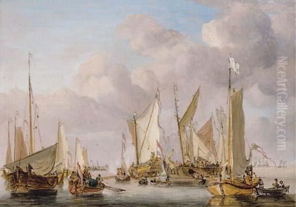 Dutch Yachts And Vessels Preparing To Sail Oil Painting by Willem van de, the Elder Velde